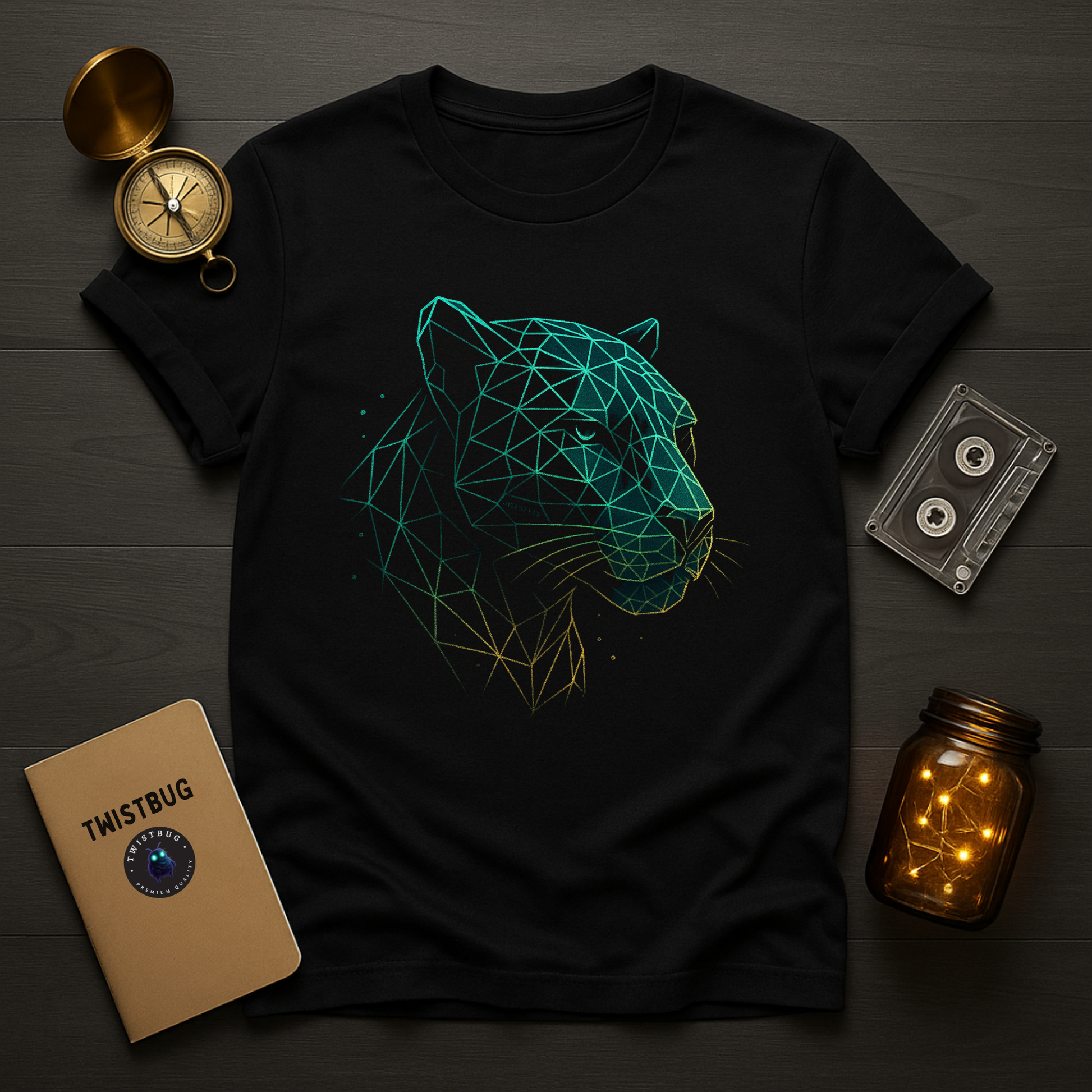 Black graphic t-shirt with neon wireframe panther design