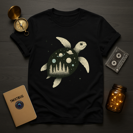 Black tee with cosmic turtle—forest and planets inside shell