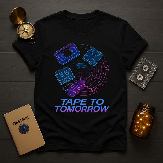 Black T-shirt with synthwave tape icons and “Tape to Tomorrow” slogan