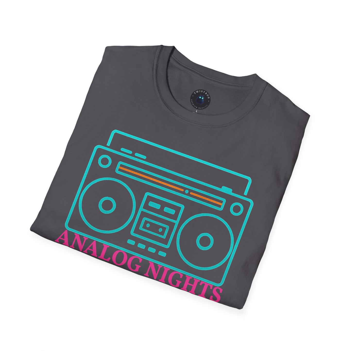 Analog Nights Boombox Tee | Neon Retro Music Graphic