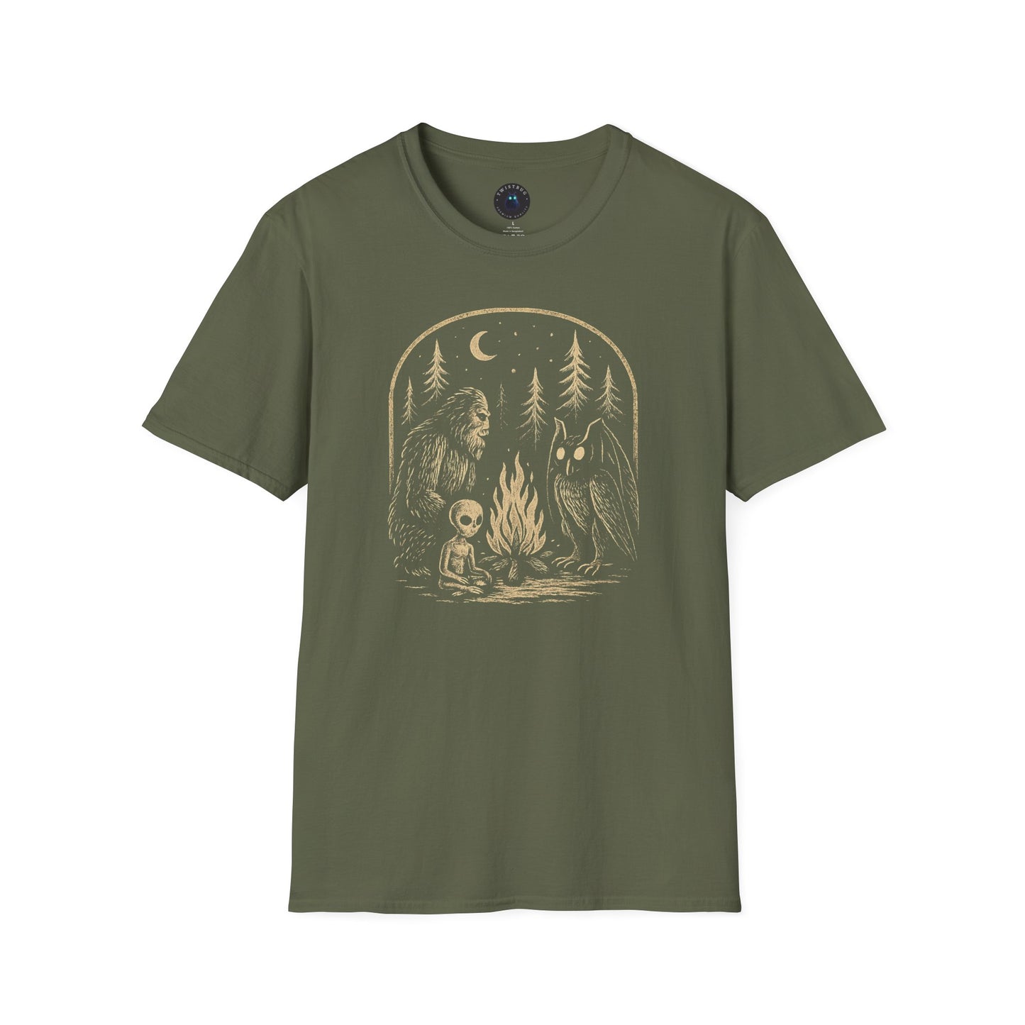 Campfire Cryptids – Bigfoot, Alien & Mothman Night Forest T-Shirt