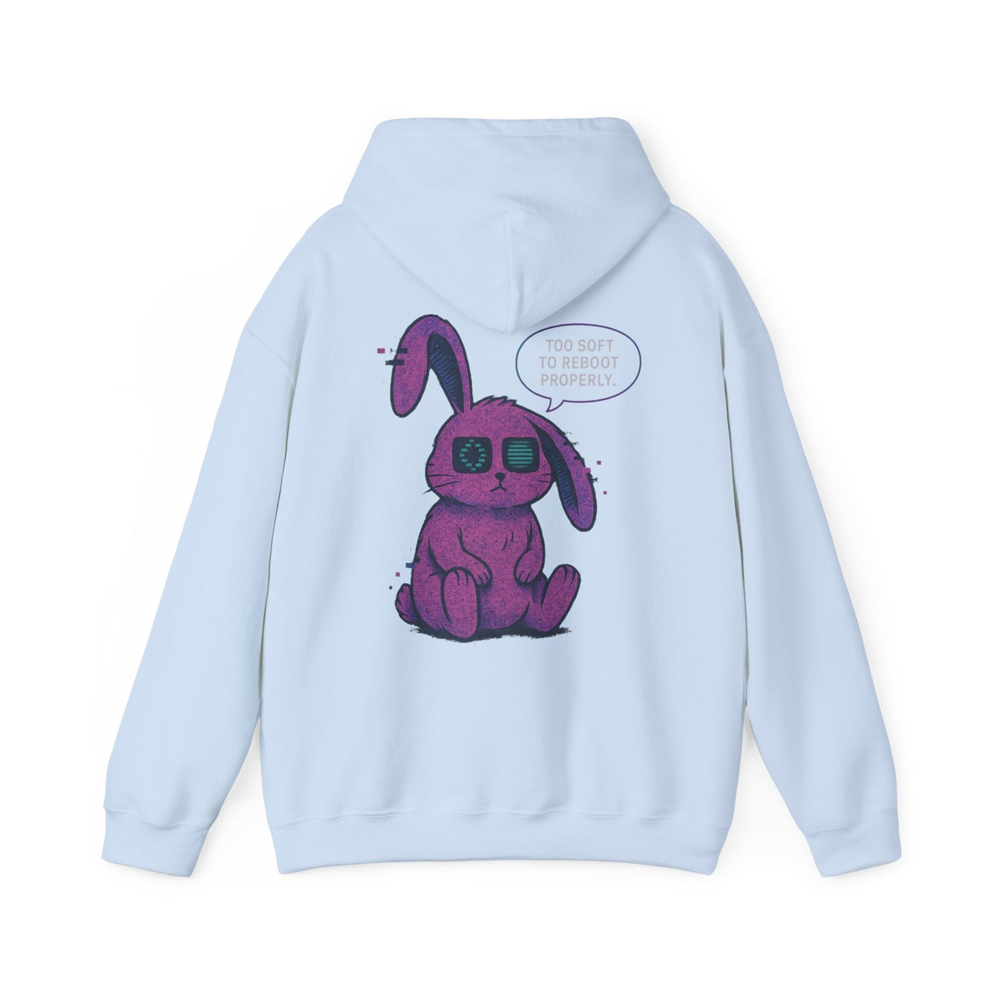 "Too Soft to Reboot" Glitch Bunny Hoodie – Cybercore Plush Goth Aesthetic