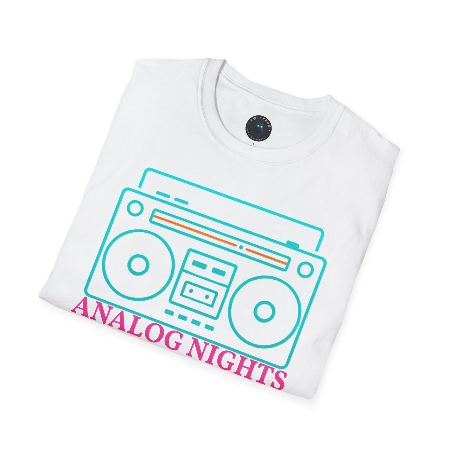 Analog Nights Boombox Tee | Neon Retro Music Graphic