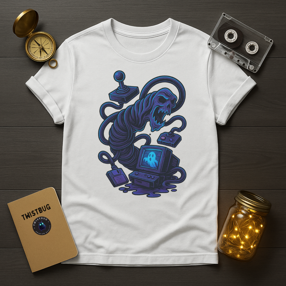 White tee with CRT ghost and cables artwork