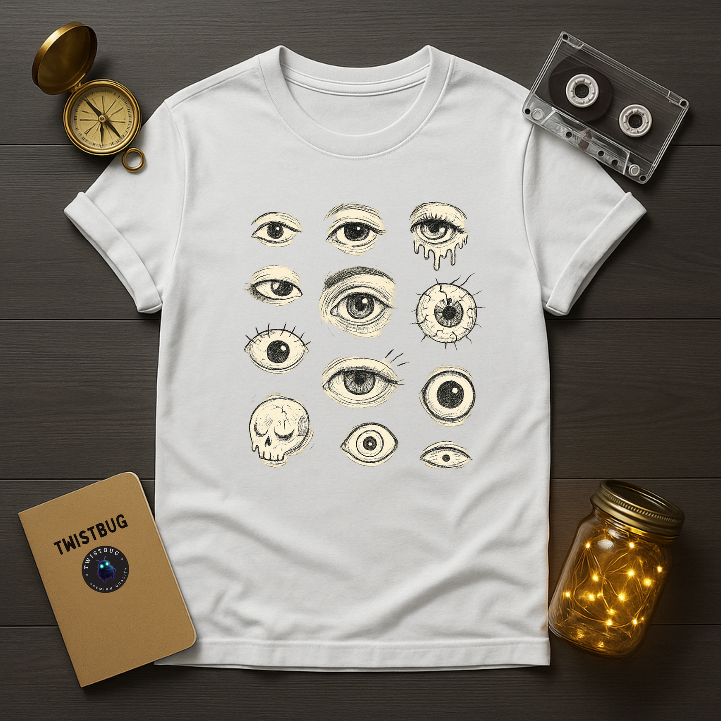 White unisex T-shirt displaying a cream and black sketch grid of eyeballs, macabre surreal art graphic