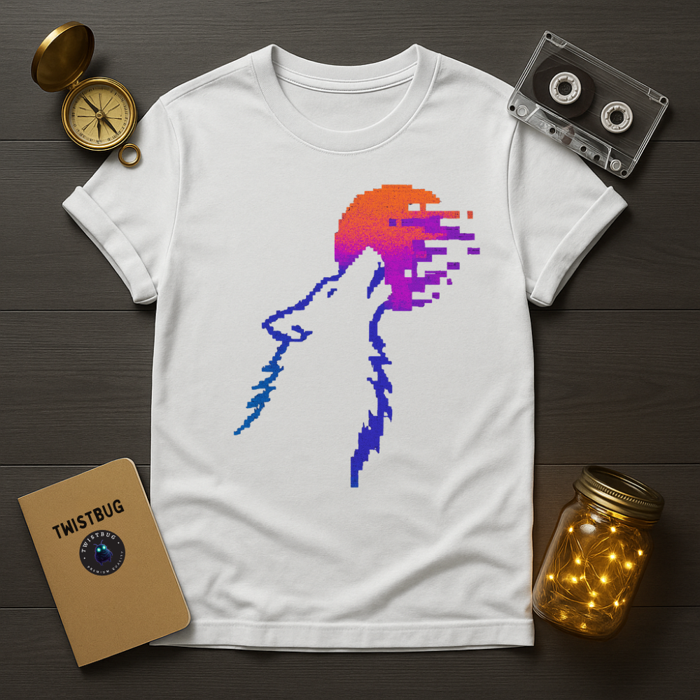 White tee with glitch sunset wolf design