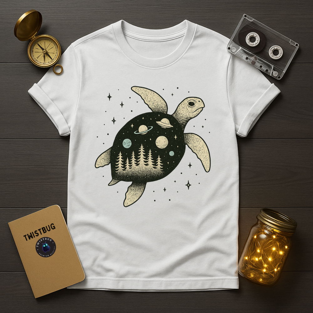 White tee with cosmic turtle illustration