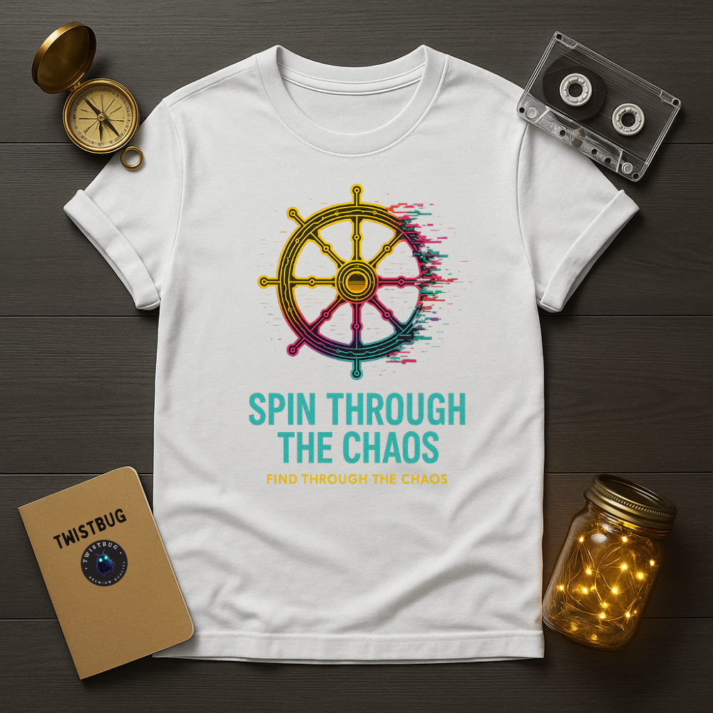 White tee with glitch wheel design
