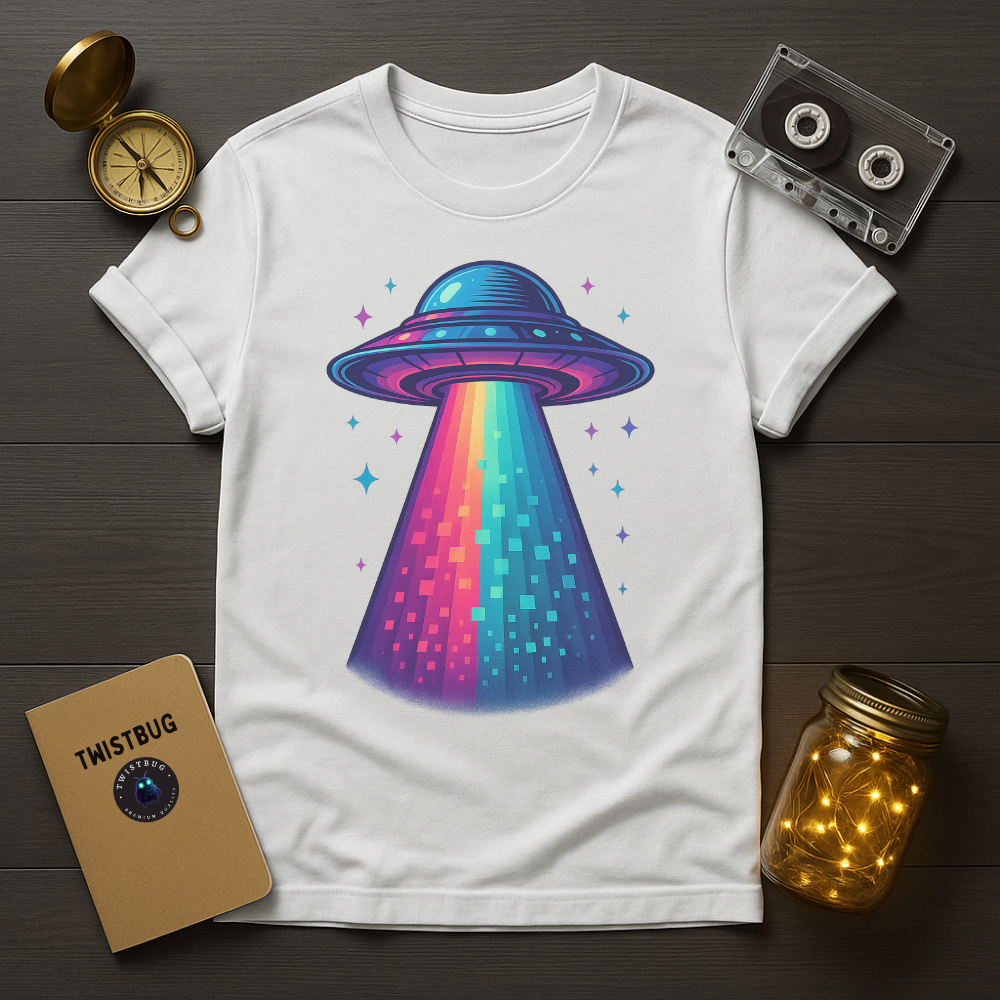 “Neon UFO beaming a rainbow pixel light—retro synthwave space graphic on a white unisex t-shirt.”