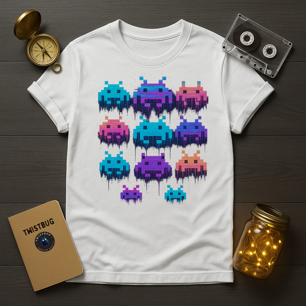 Pixel Invaders Glitch T-Shirt – Retro Arcade Space Aliens Tee