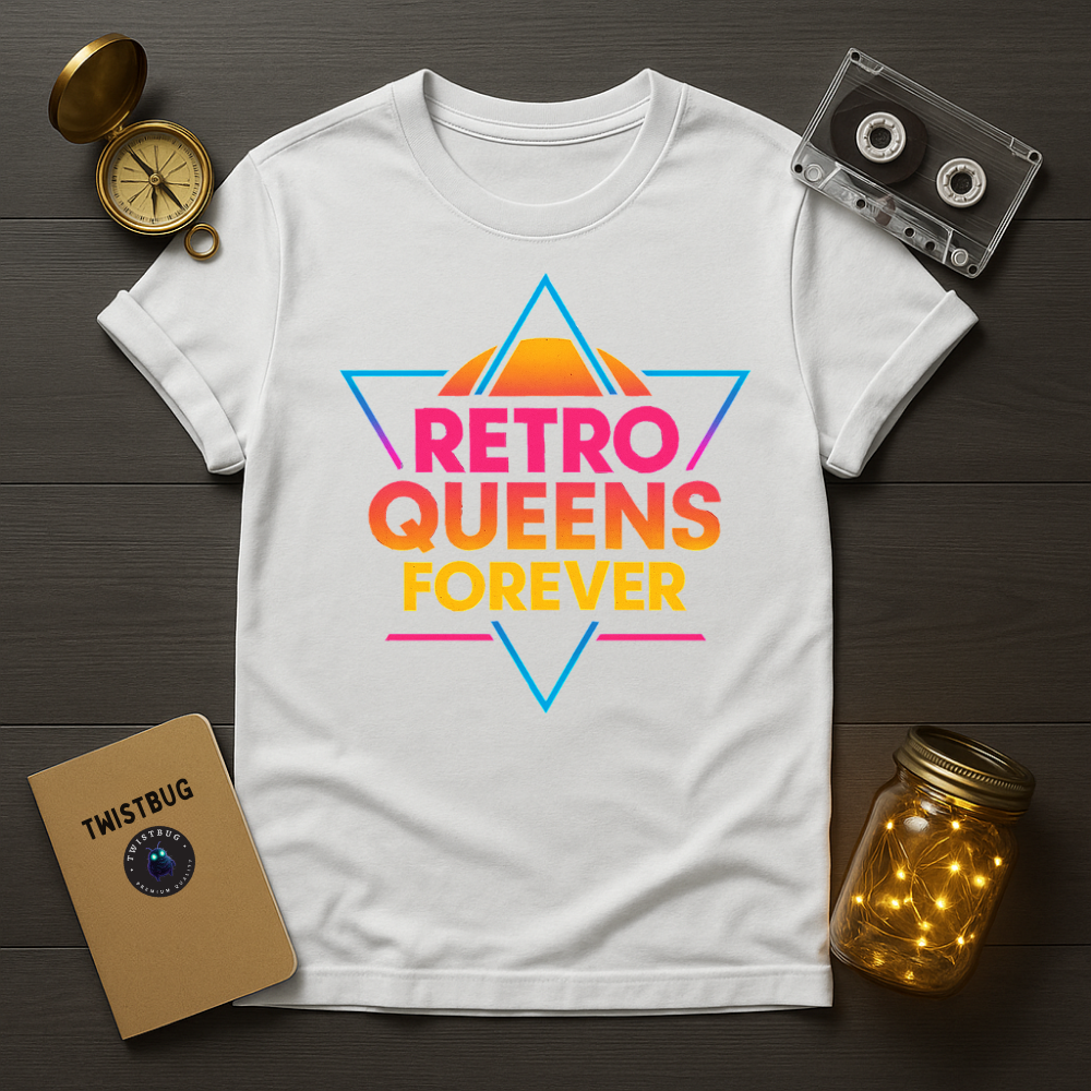 White tee with pink-orange gradient text inside triangle