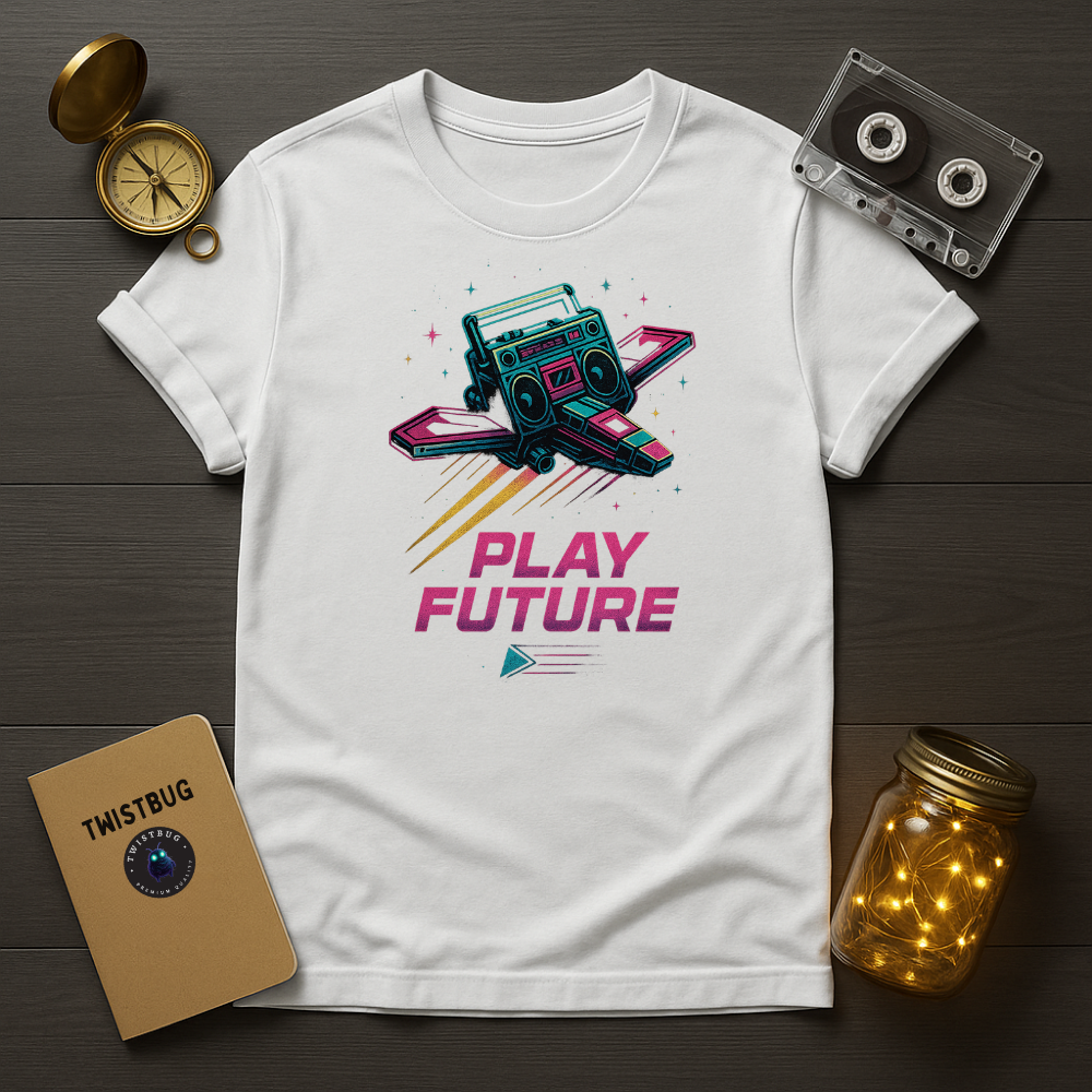 “Play Future boombox spaceship unisex tee in charcoal”
