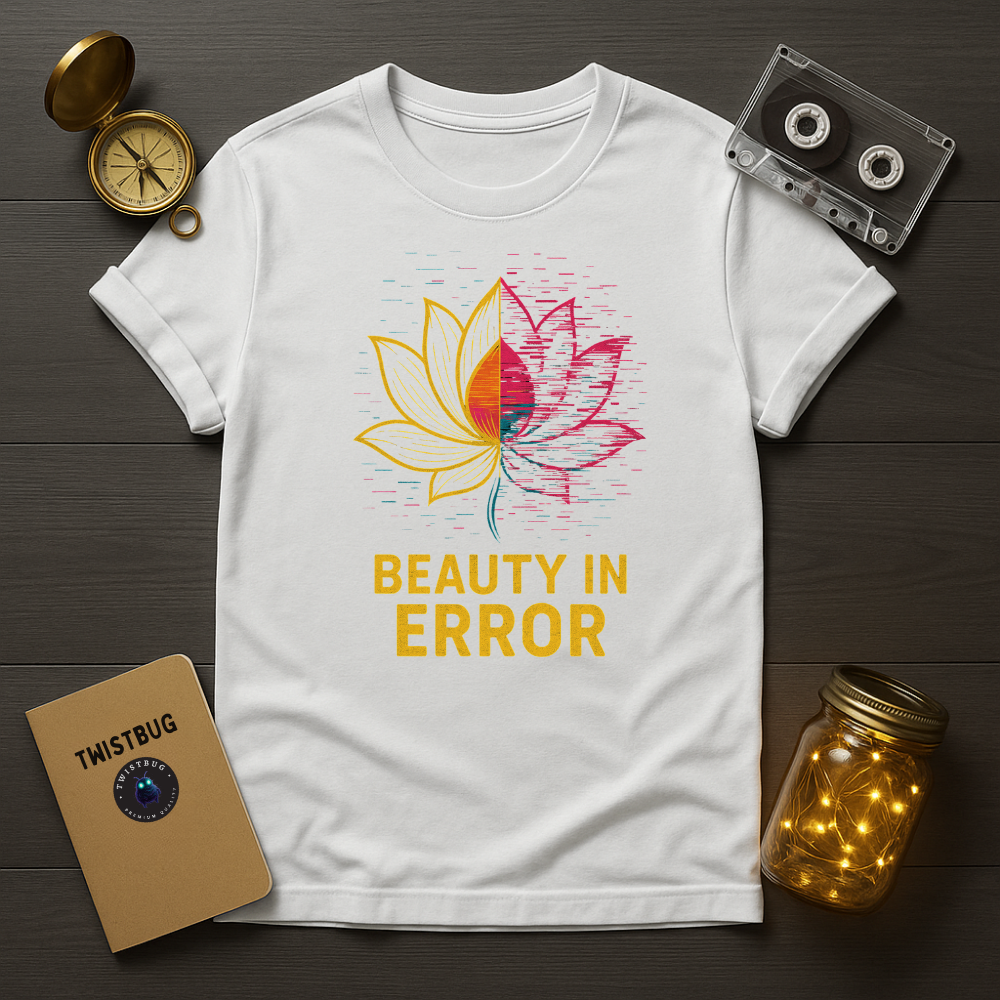 White tee with minimalist lotus glitch graphic