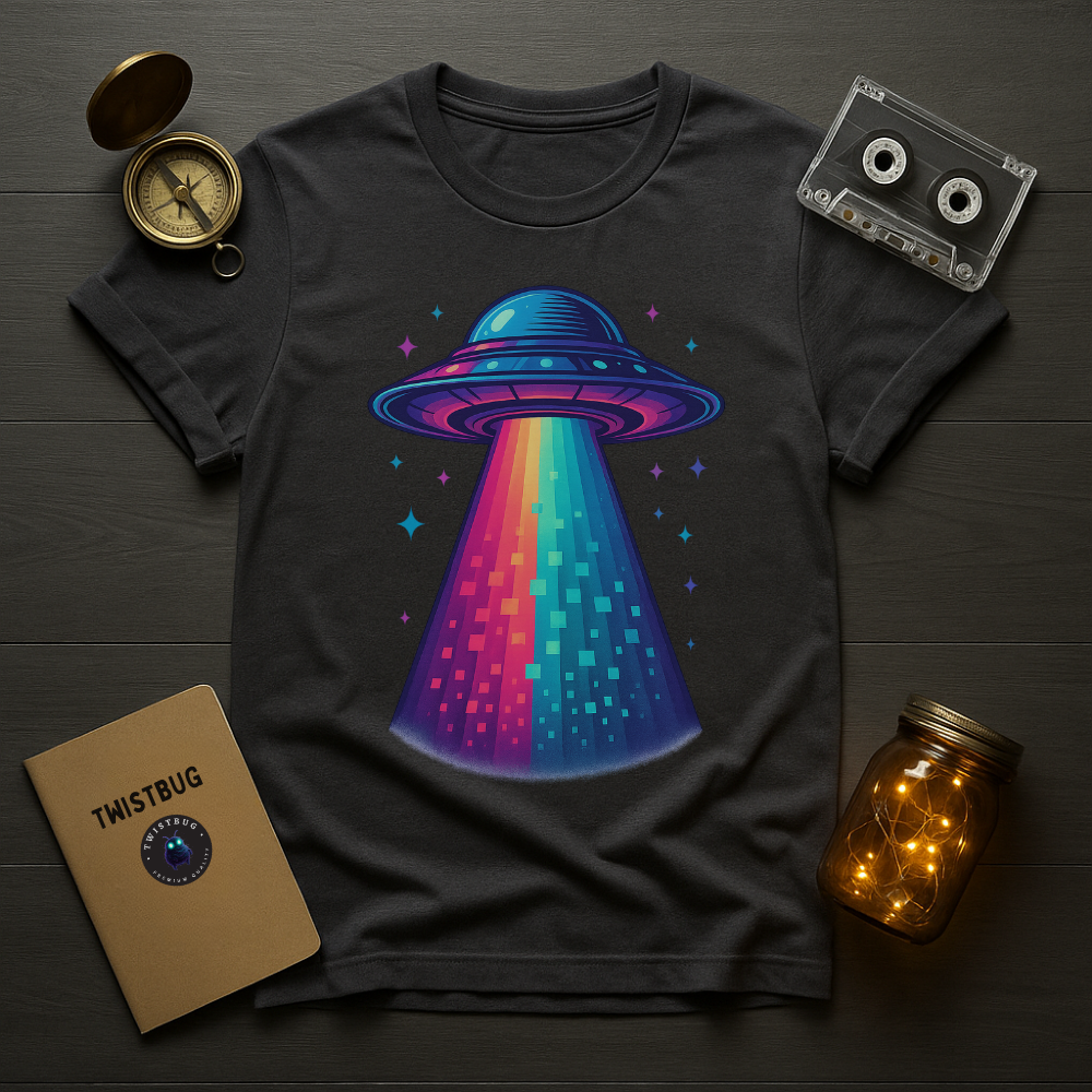 “Neon UFO beaming a rainbow pixel light—retro synthwave space graphic on a charcoal unisex t-shirt.”
