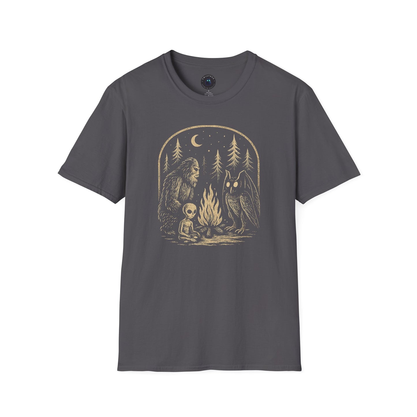 Campfire Cryptids – Bigfoot, Alien & Mothman Night Forest T-Shirt
