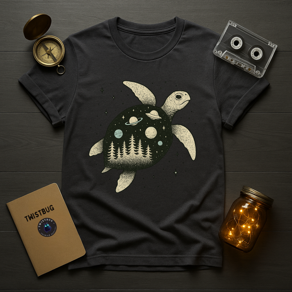 Charcoal tee with celestial turtle and star accents