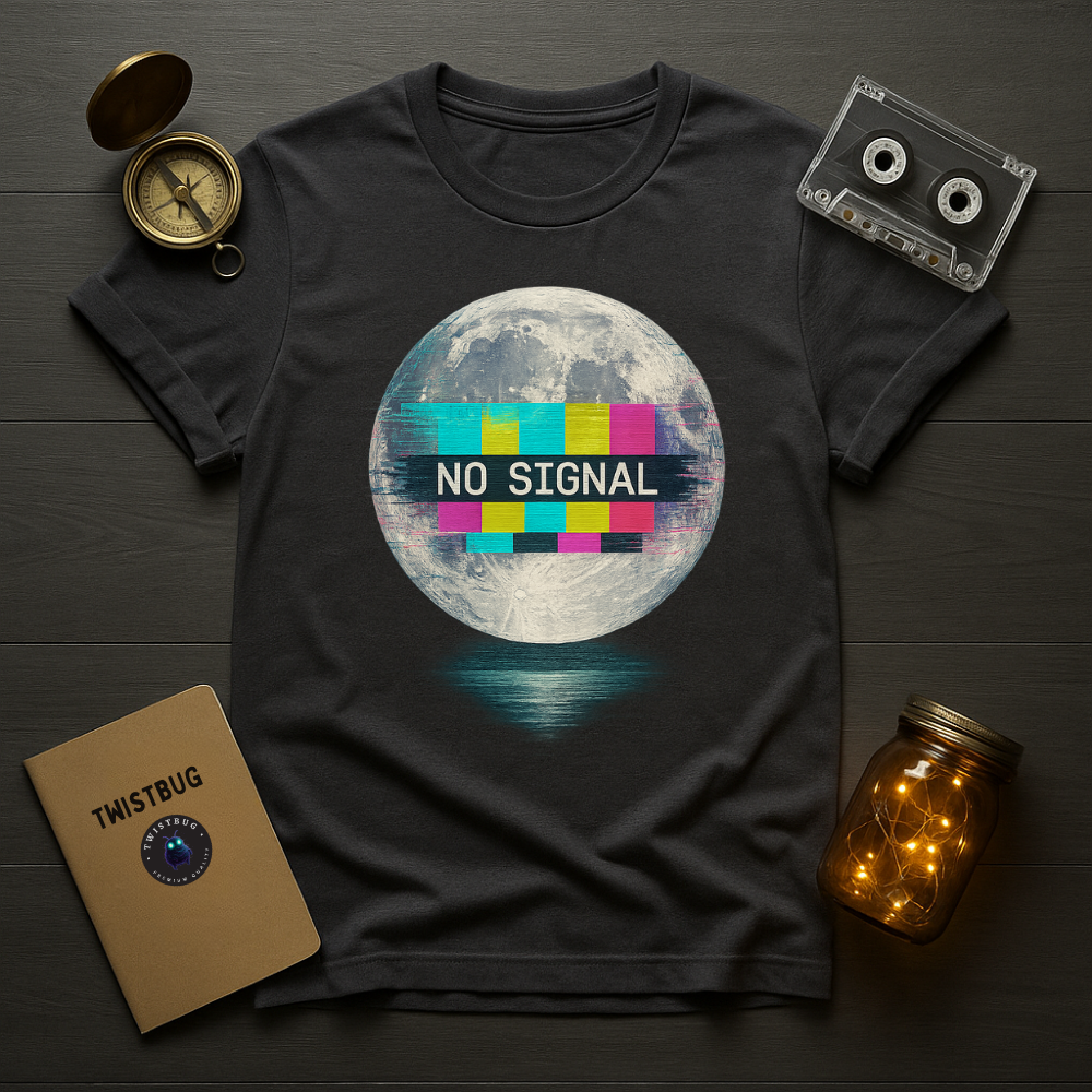 Charcoal tee with retro broadcast error moon design