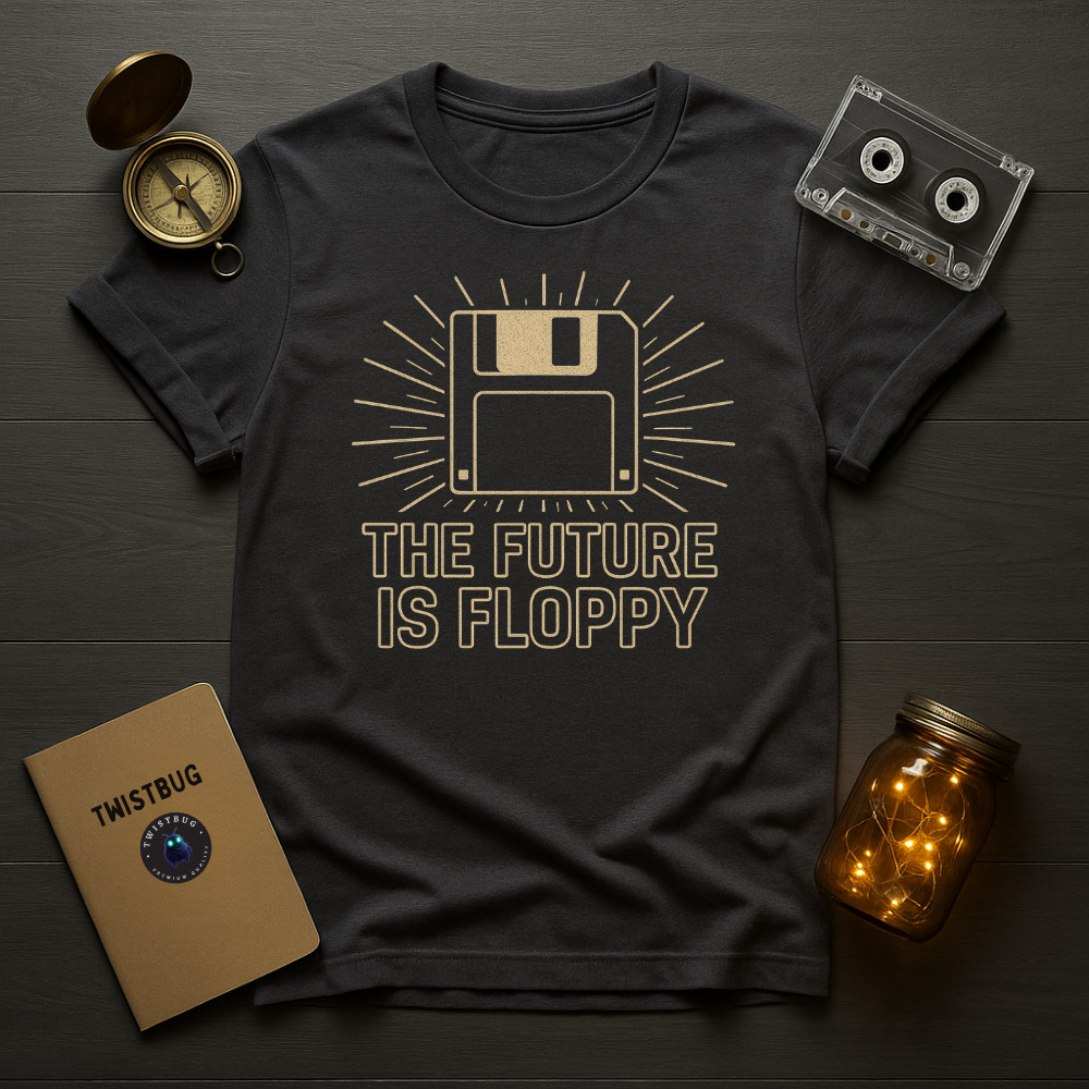 Charcoal tee with vintage beige floppy graphic