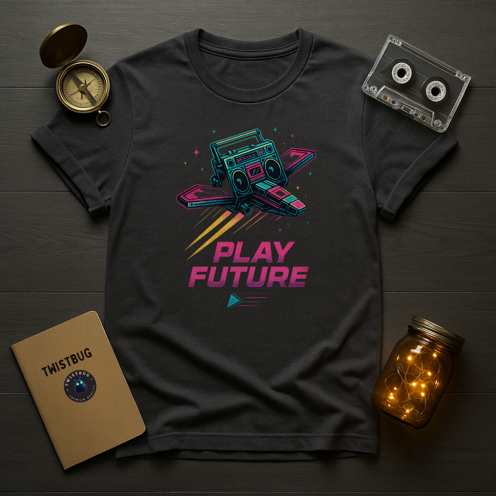 “80s boombox turned spacecraft, retro-futuristic t-shirt”