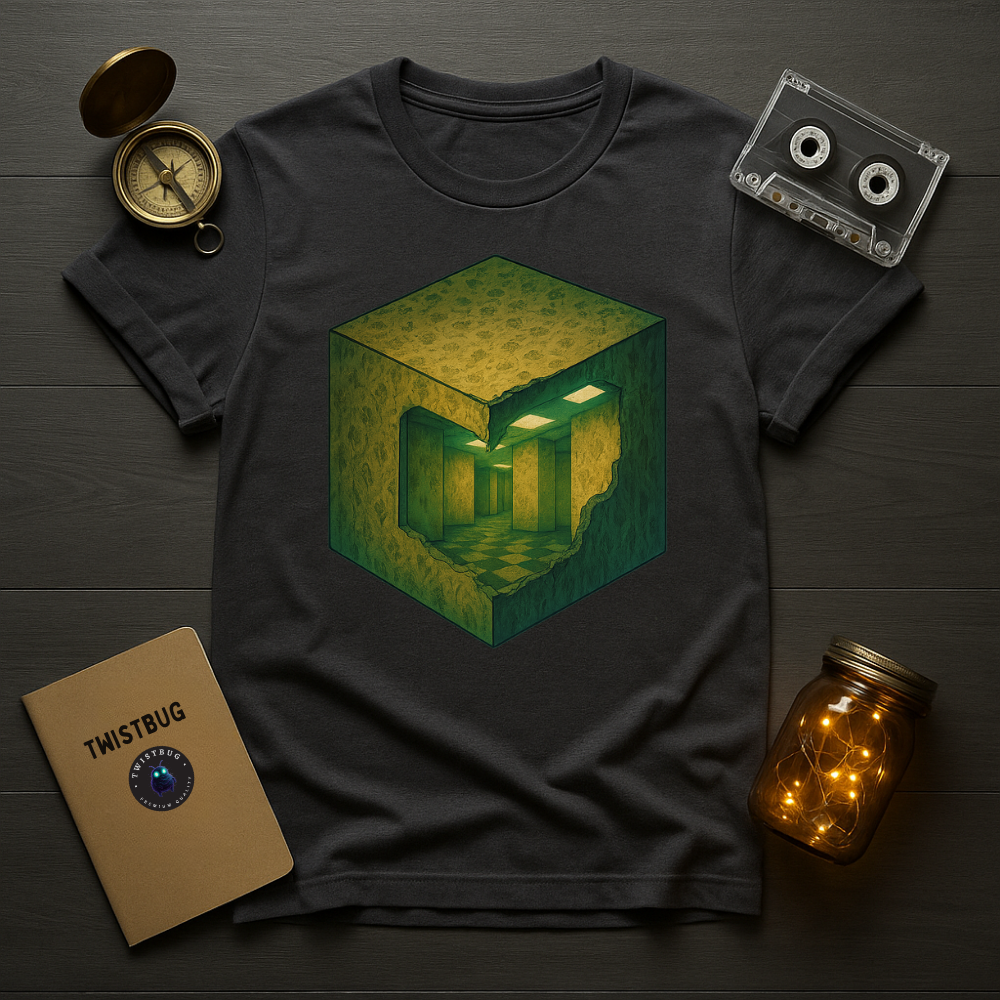 Charcoal tee close-up of eerie hallway inside cube