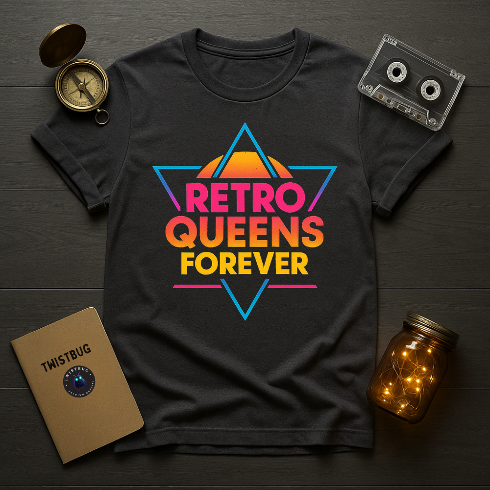 Charcoal tee with synthwave sunset triangle and bold type