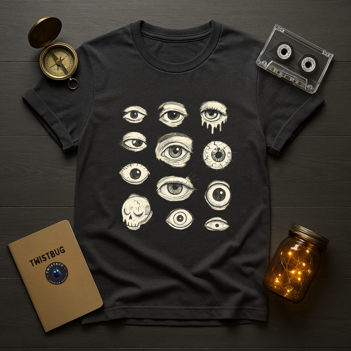 Charcoal unisex graphic tee with cream illustrated eyeballs arranged in a 3×4 grid, gothic/alt aesthetic
