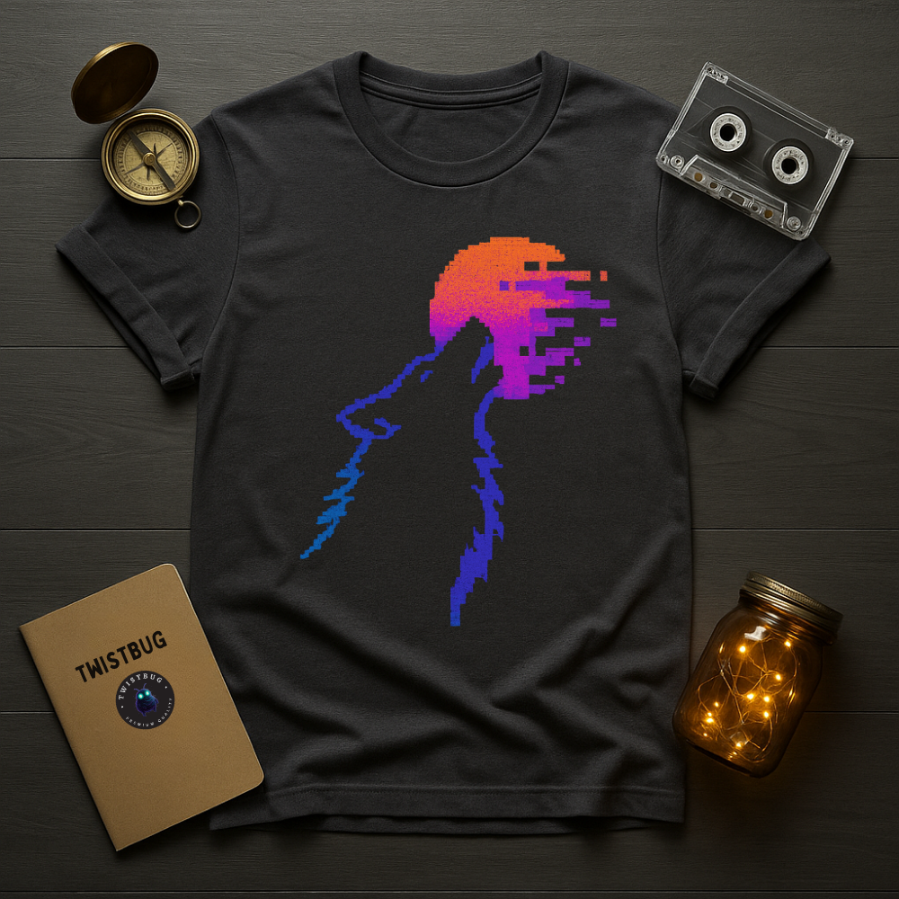 Charcoal tee showing minimal 8-bit wolf outline