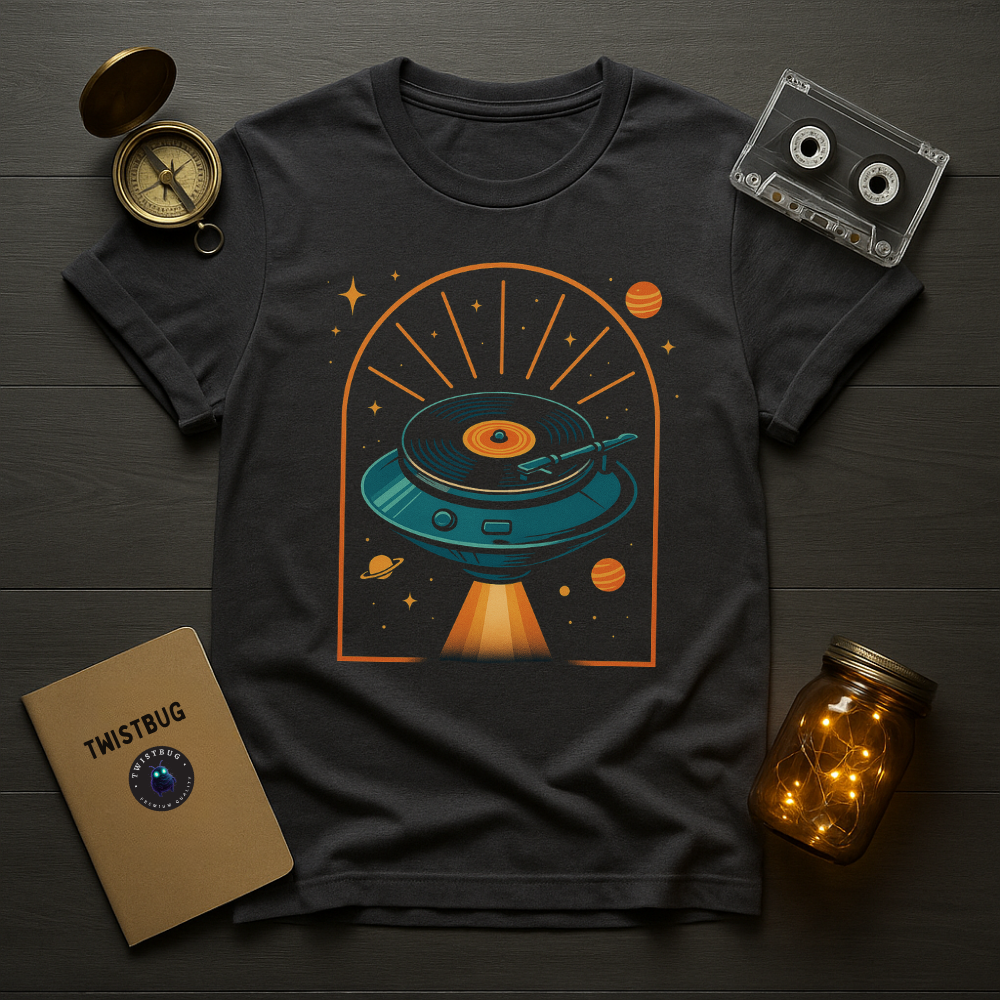 Space-age vinyl saucer illustration in teal and orange within arch frame