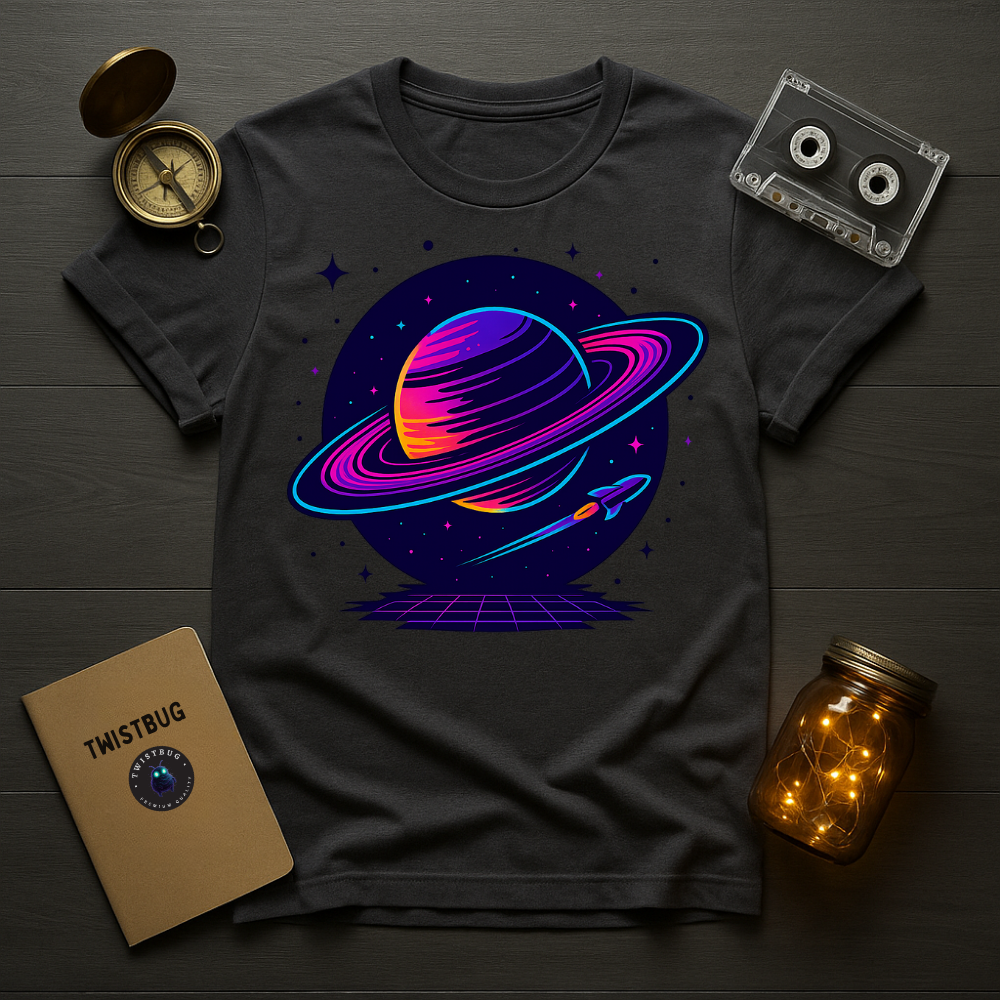 Charcoal tee with neon space planet artwork