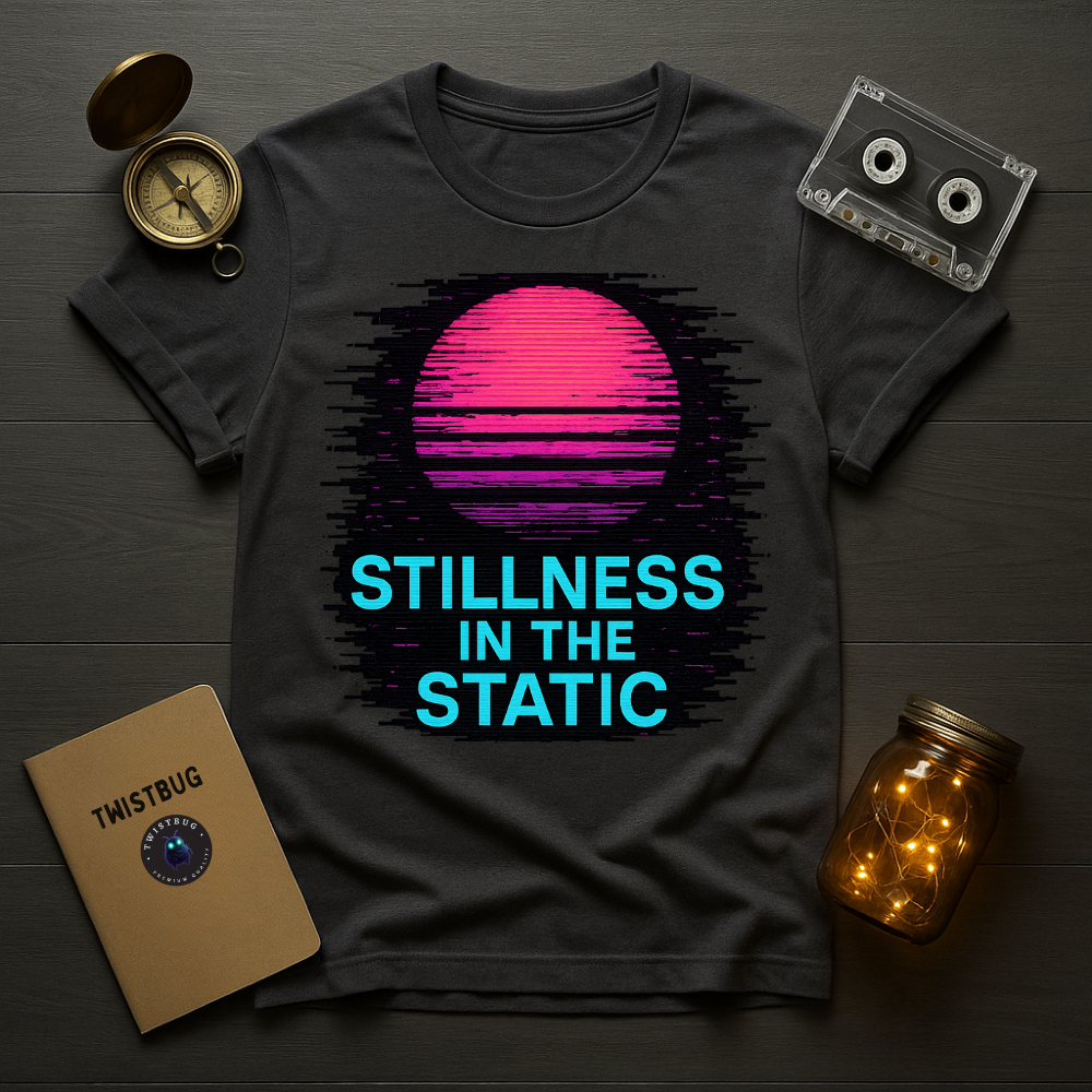 Charcoal tee close-up of glitch sun graphic