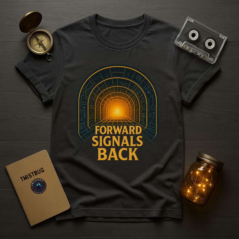 Charcoal tee with glowing portal graphic and gold lettering