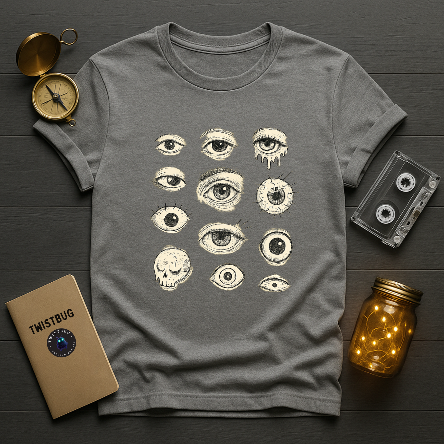 Light grey unisex T-shirt with vintage-style cream eyeball sketches in a grid—alternative streetwear