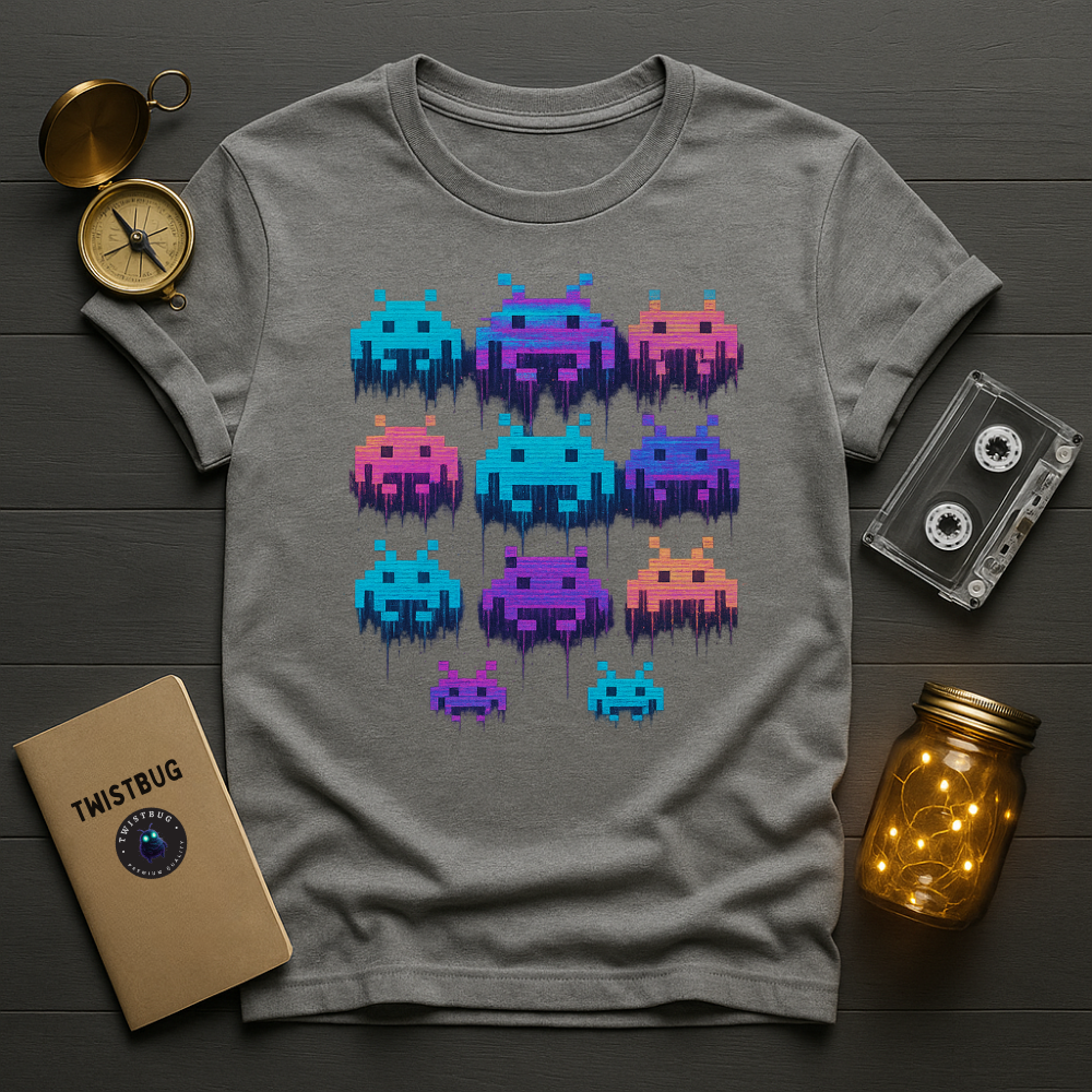 Pixel Invaders Glitch T-Shirt – Retro Arcade Space Aliens Tee