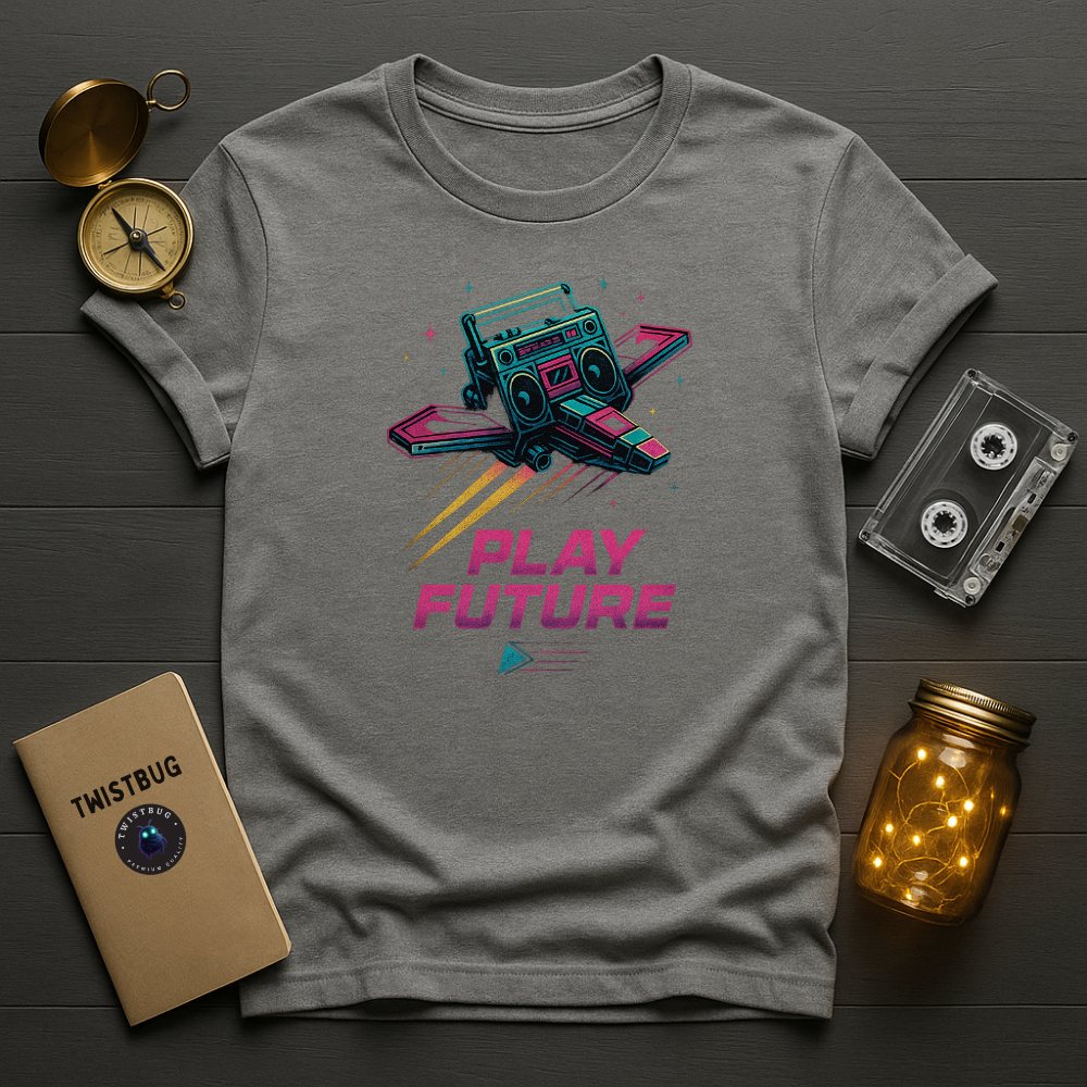 “Neon arcade starfighter boombox shirt, synthwave apparel”