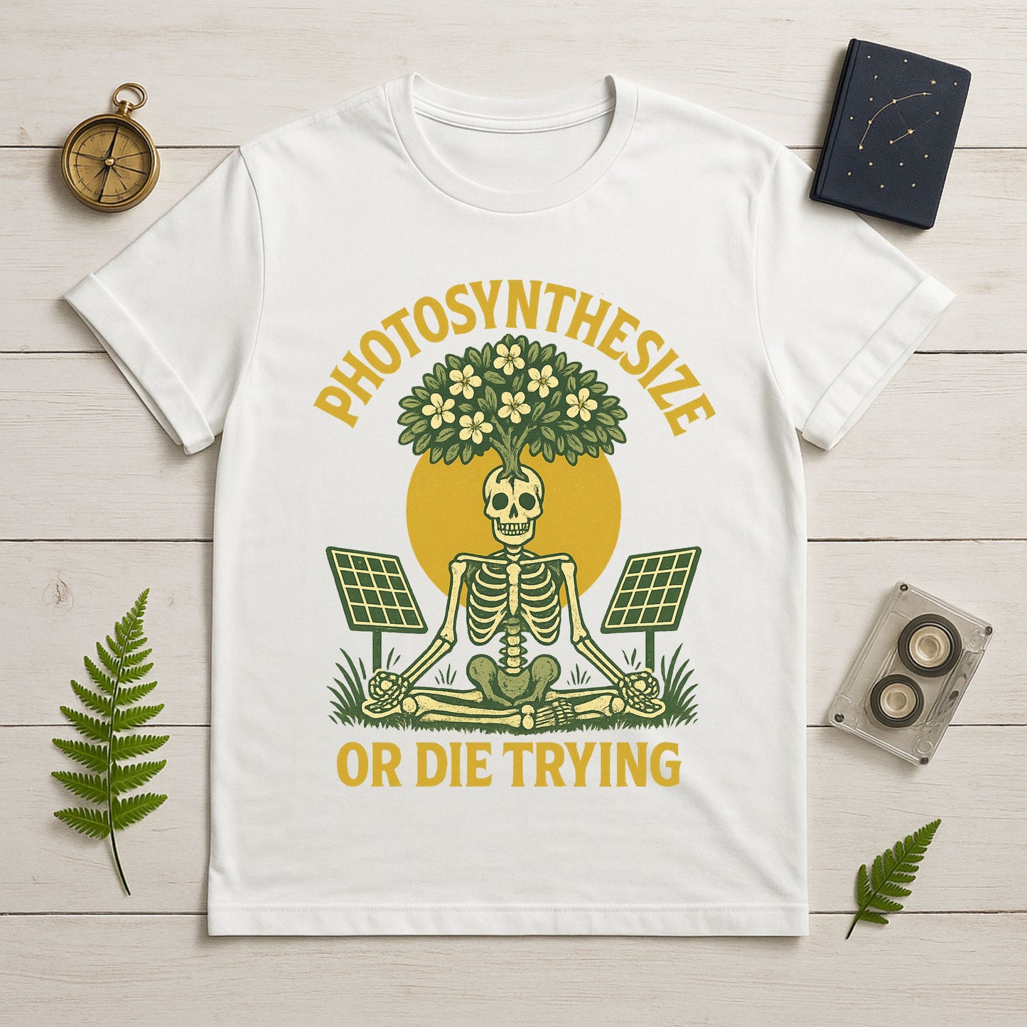 Photosynthesize or Die Trying T-Shirt – Botanical Skeleton, Solar Panels & Tree |  By Twistbug