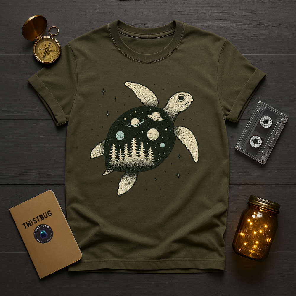 Military green tee with forest-in-shell turtle