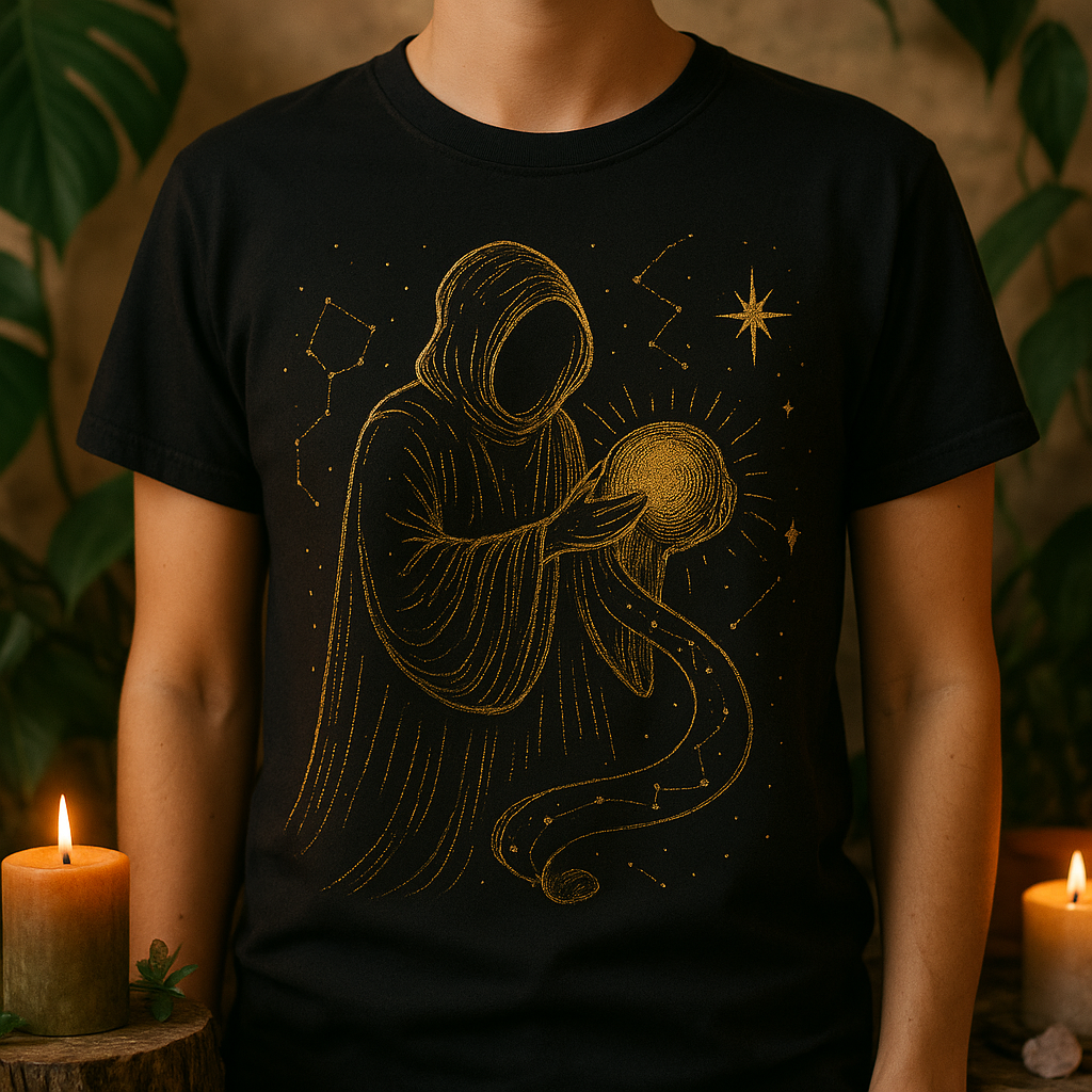 Constellation Keeper T-Shirt – Gold Ink Celestial Mystic Design