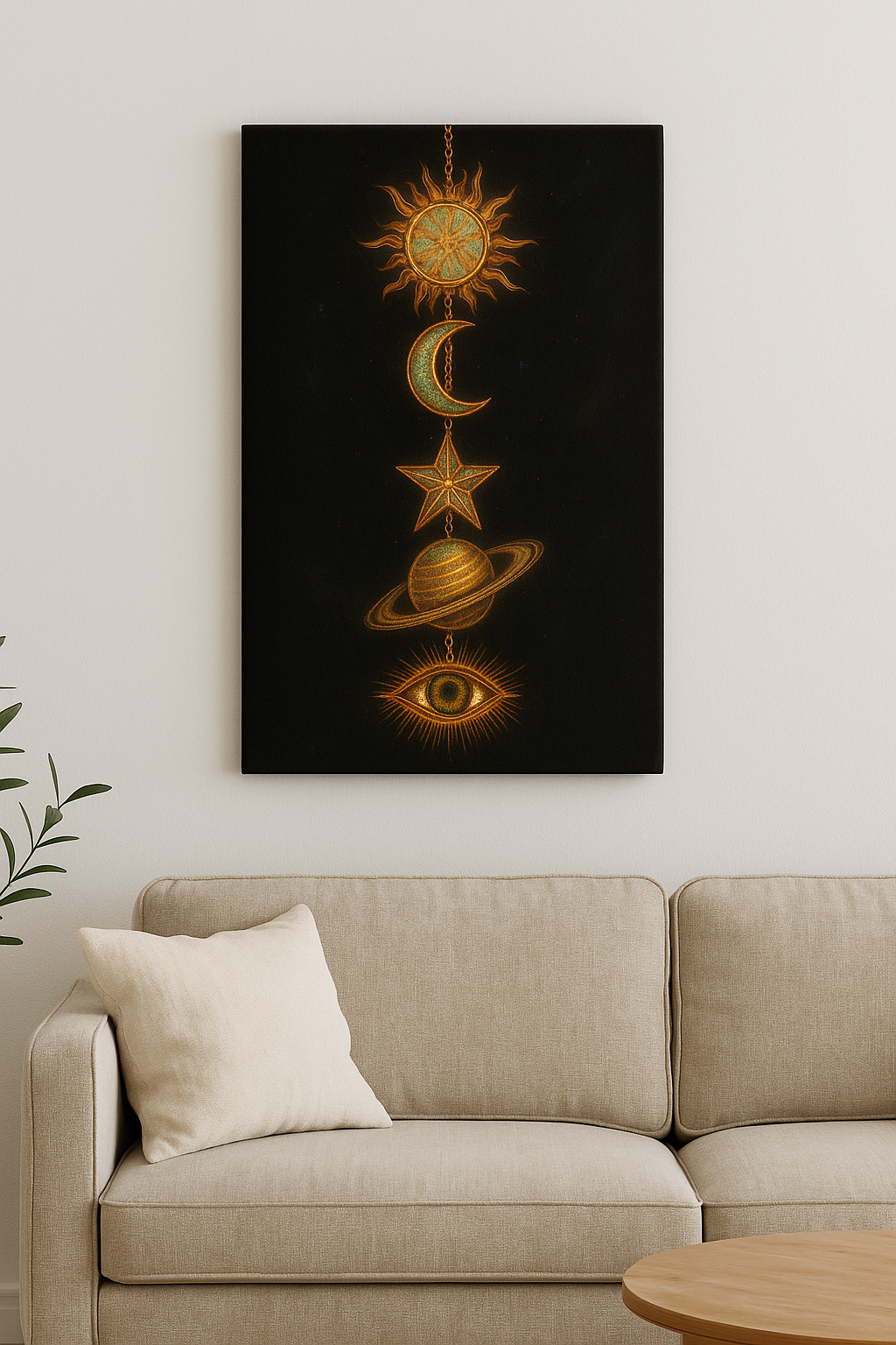 Celestial Cascade Wall Art – Sun Moon Star Planet Eye Print
