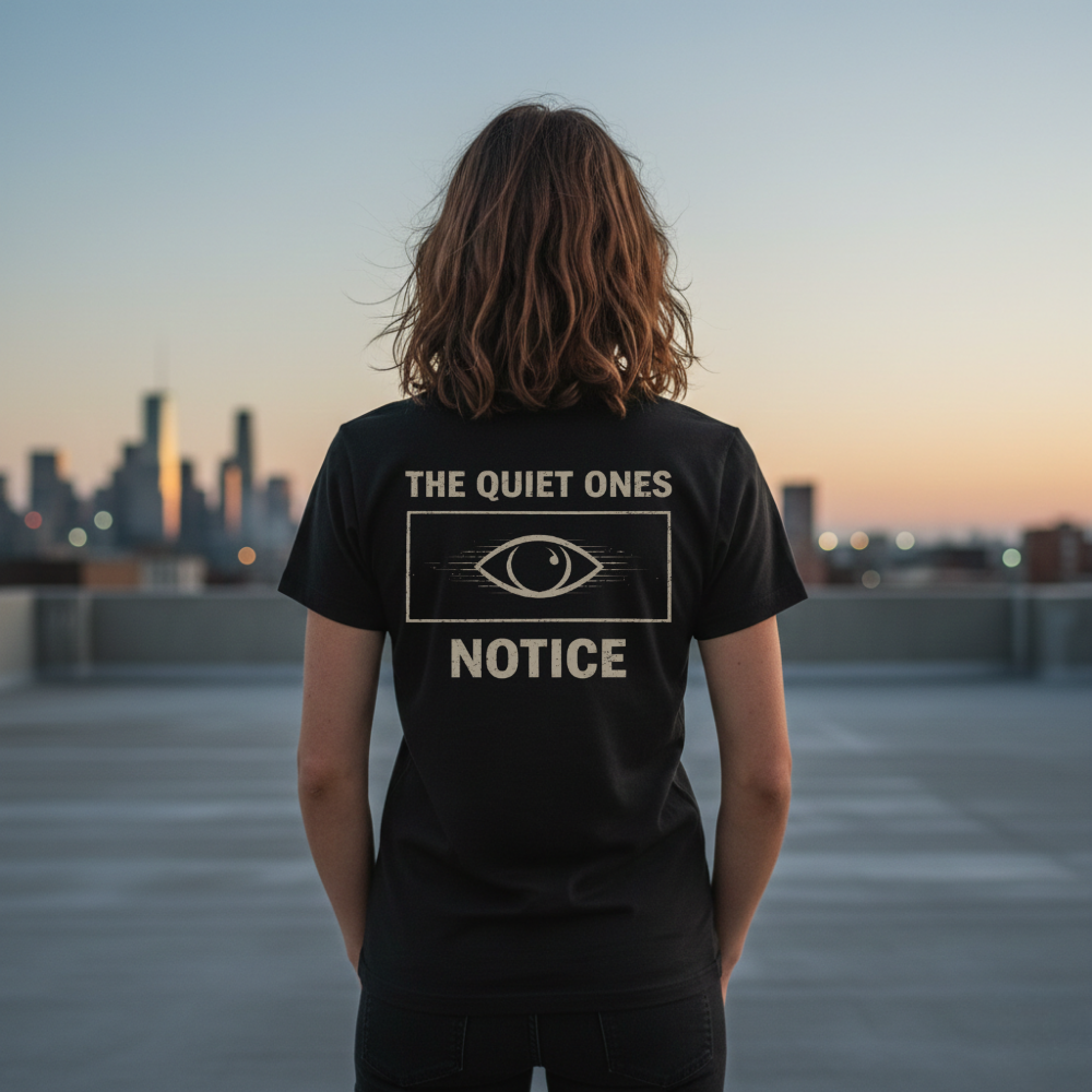 Person wearing a black t-shirt with 'The Quiet Ones Notice' text on the back, standing on a rooftop with a city skyline in the background.