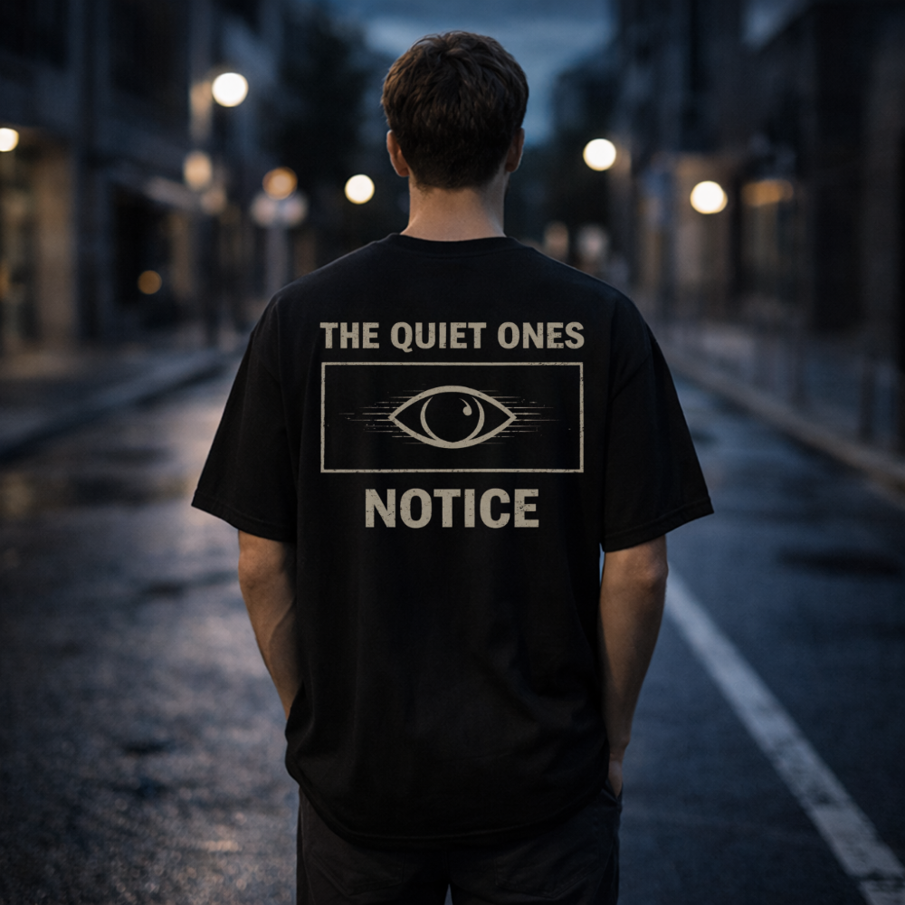 Person wearing a black t-shirt with 'The Quiet Ones Notice' text and eye symbol on a dark street.