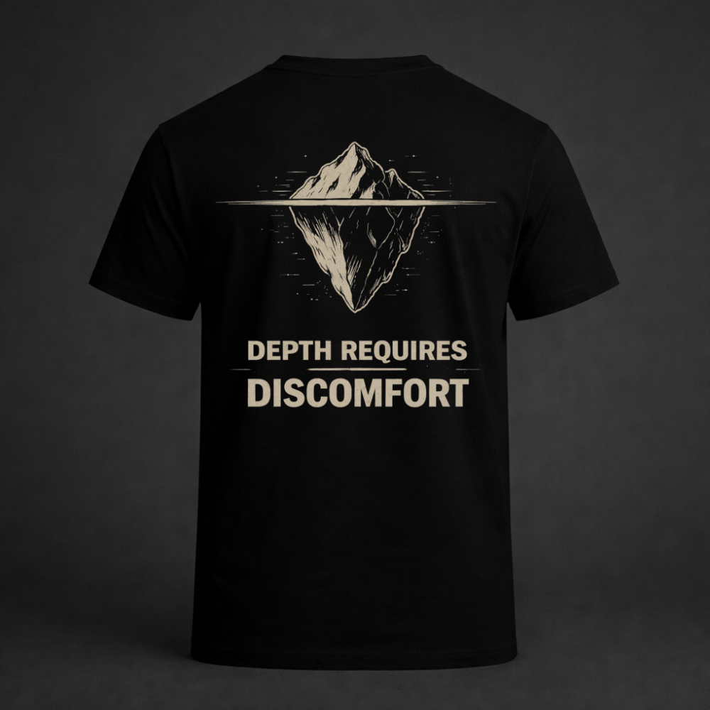 Black t-shirt with mountain graphic and 'Depth Requires Discomfort' text on a dark background