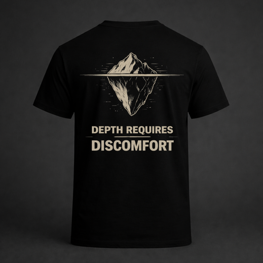 Black t-shirt with mountain graphic and 'Depth Requires Discomfort' text on a dark background