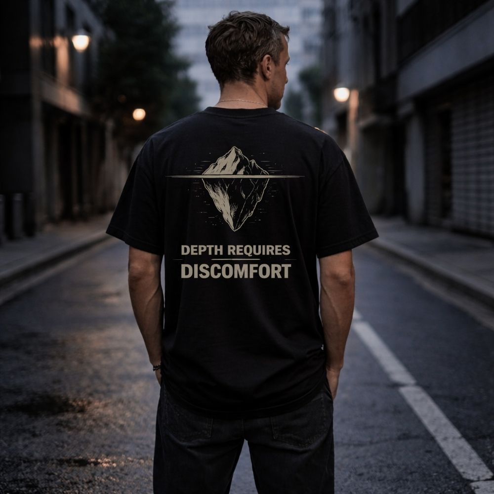 Man wearing a black t-shirt with a mountain graphic and text on the back, standing on an urban street.