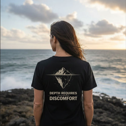 Person wearing a black t-shirt with a mountain graphic and text by the ocean at sunset.