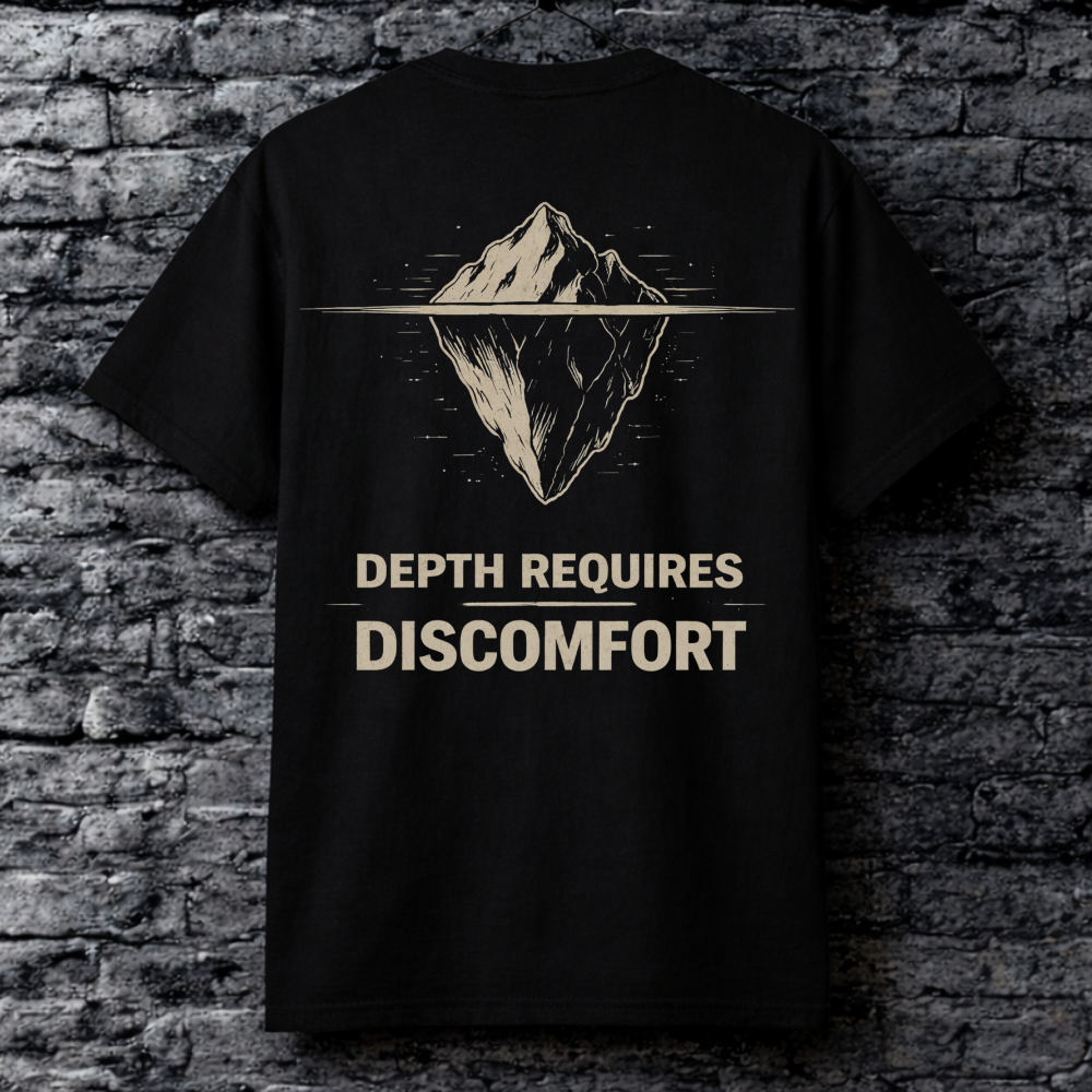 Black t-shirt with mountain graphic and 'Depth Requires Discomfort' text on a brick wall background