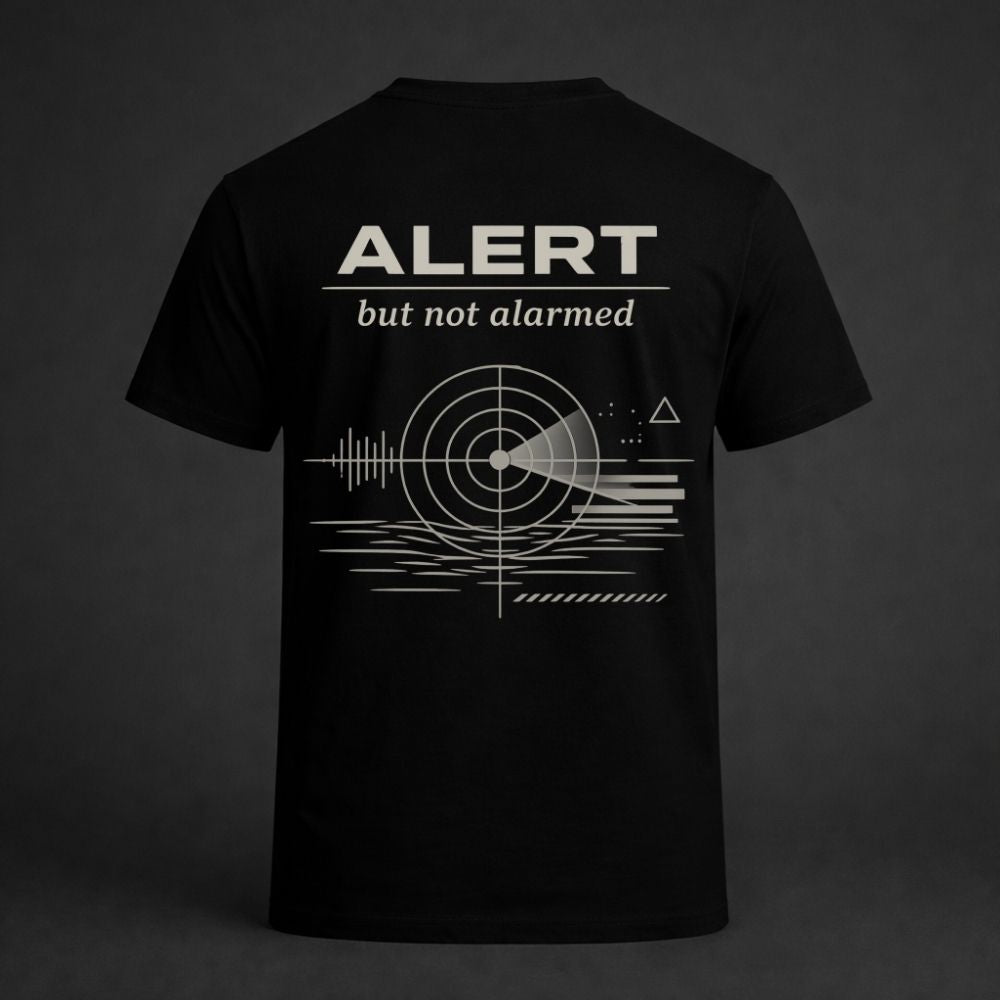 Black t-shirt with white graphic design and text on a dark background