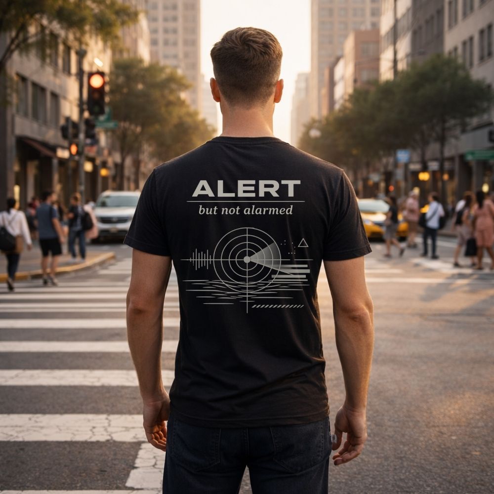 Man wearing a black t-shirt with 'ALERT but not alarmed' design on a city street.