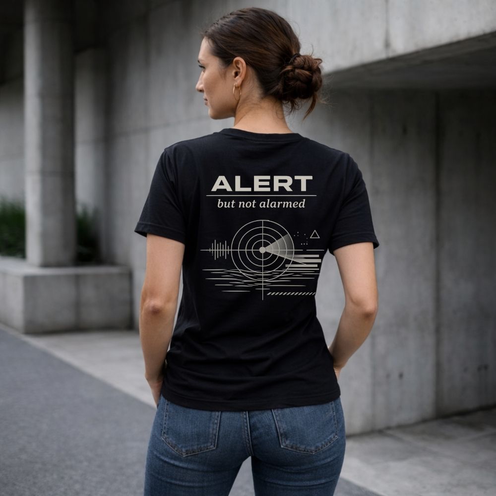 Person wearing a black t-shirt with 'Alert but not alarmed' design outdoors.