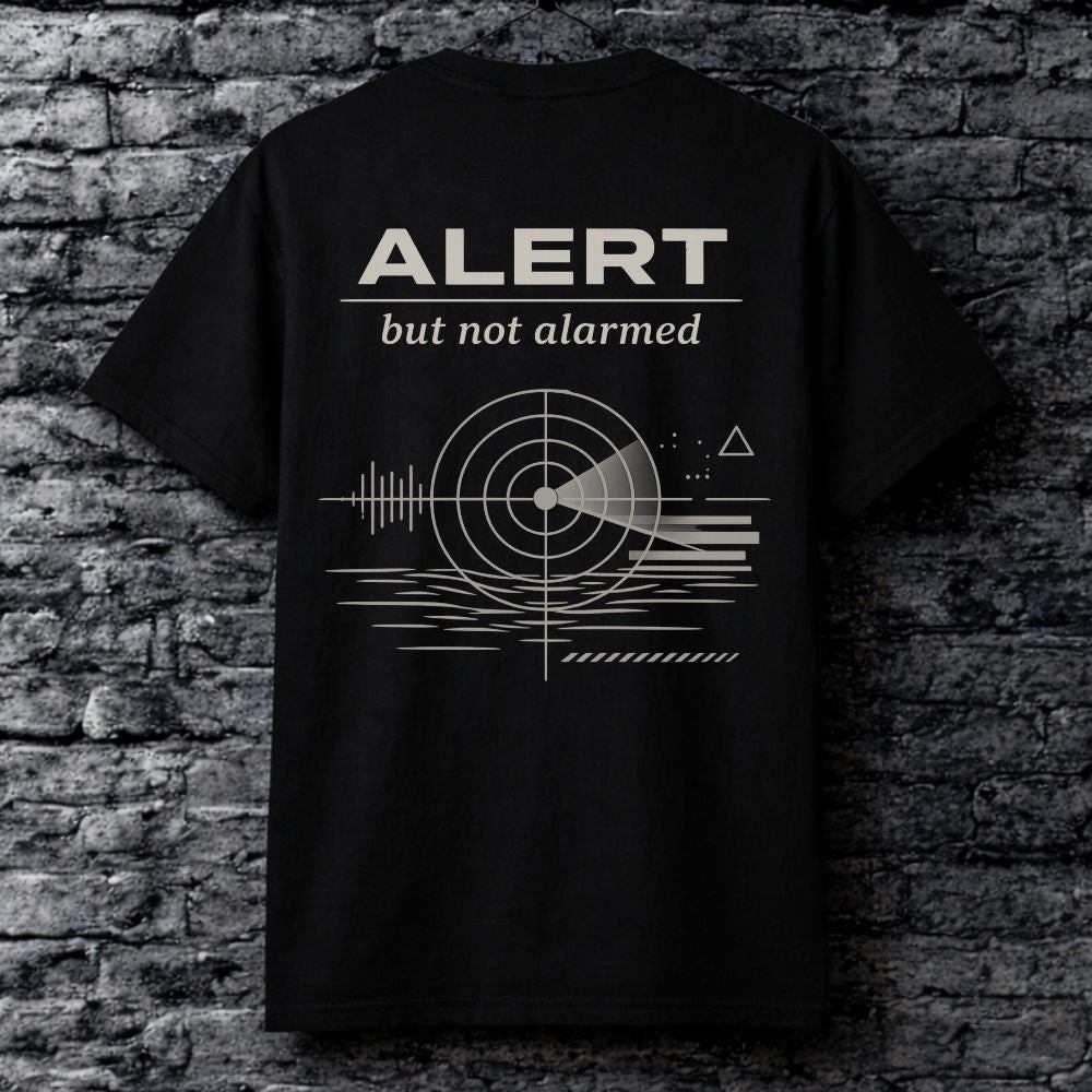 Black t-shirt with 'Alert but not alarmed' design on a brick wall background