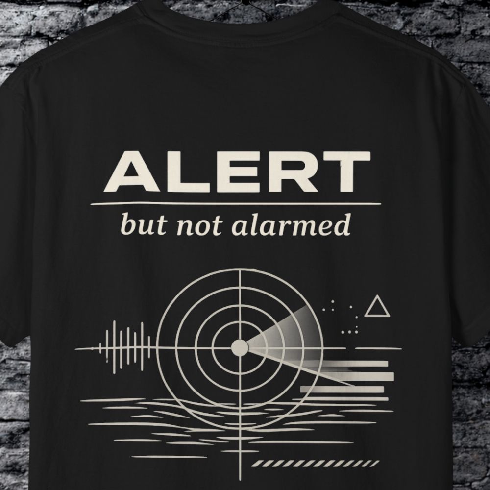 Black t-shirt with 'Alert but not alarmed' text and graphic design on a textured wall background